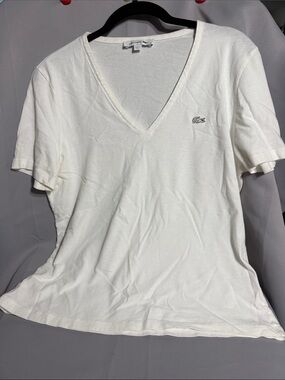 Lacoste White V-Neck Logo Tee